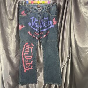 VTG Von Dutch Women’s 12 Logo Flare Jeans Signature Painted Denim Moto Spellout